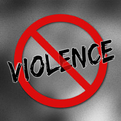 Image of the word "violence" with a red X over it